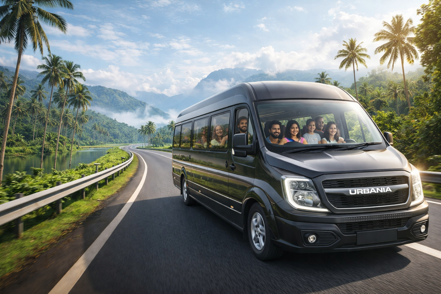 Premium urbania in Kerala highway with family and tourists enjoying scenic Western Ghats journey