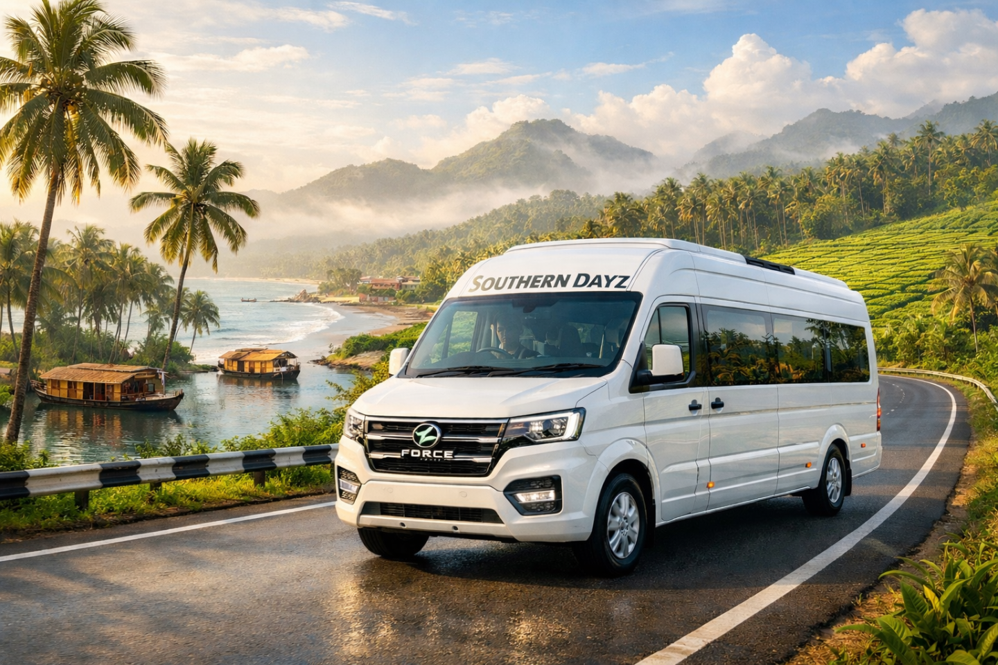 Southern Dayz premium Force Urbania luxury van driving through scenic Kerala highway with coconut trees, backwaters, and misty hills