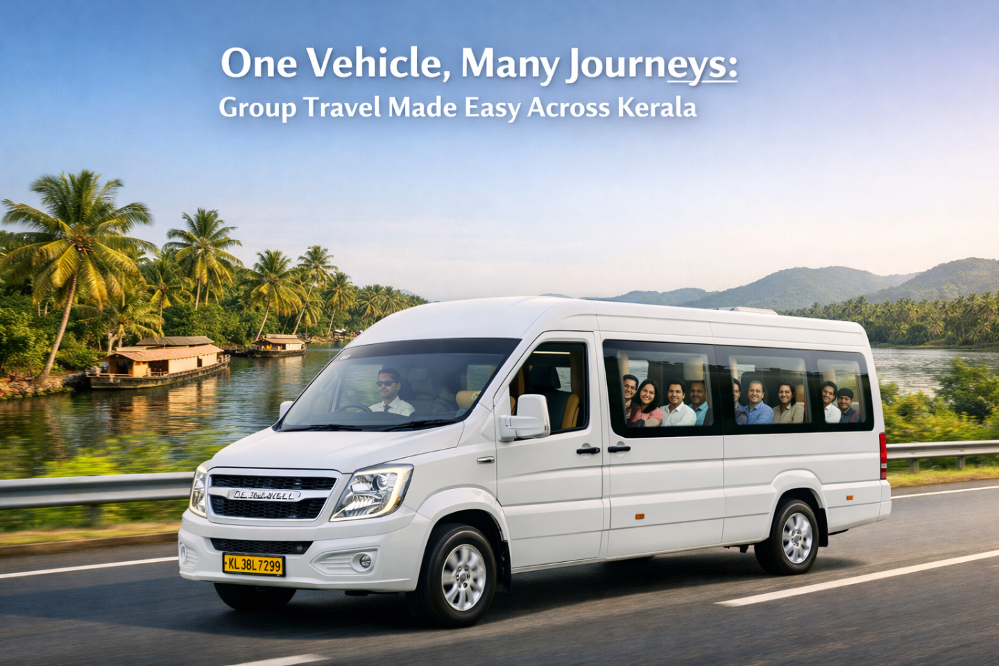 Force Urbania luxury van for group travel in Kerala, driving through scenic backwaters and coconut trees