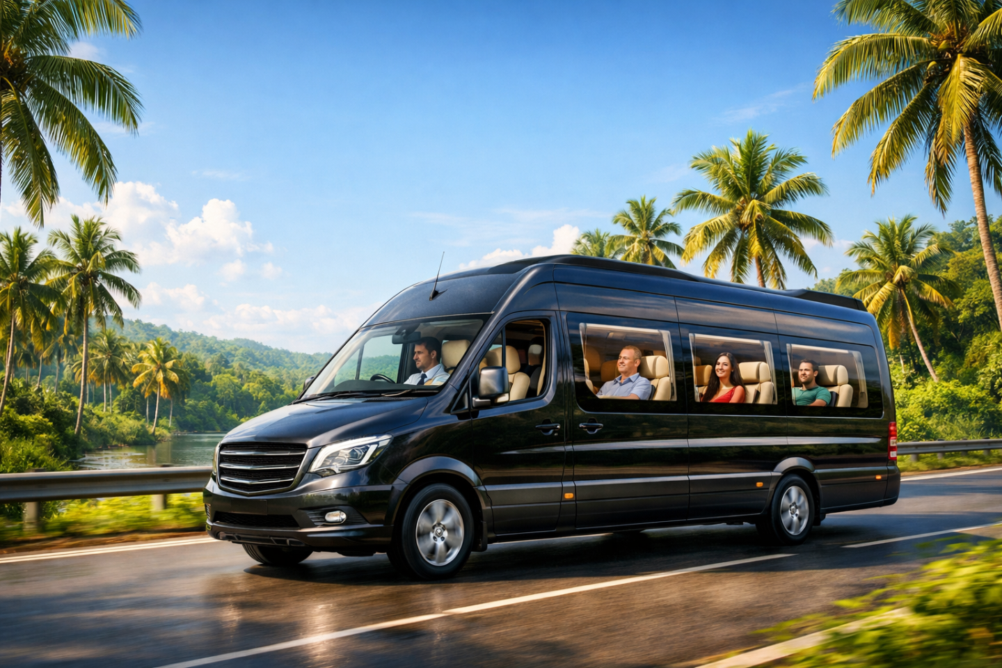 Luxury passenger van on a scenic Kerala highway with relaxed passengers inside