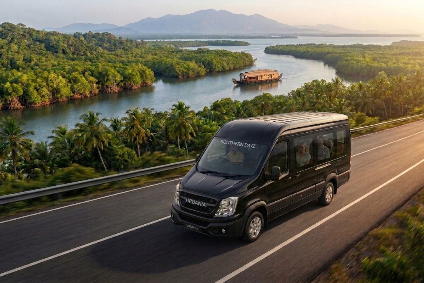 A group of tourists enjoying a sunset view by the backwaters next to a white Force Urbania rental van, highlighting premium Urbania Rentals for group travel in Kerala.