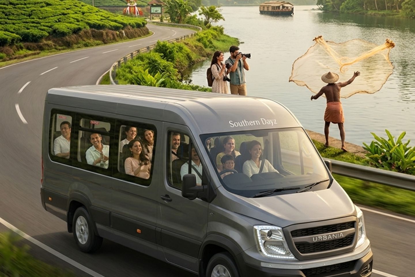 A group of tourists enjoying a scenic road trip in a luxury Urbania rental during the peak tourist season