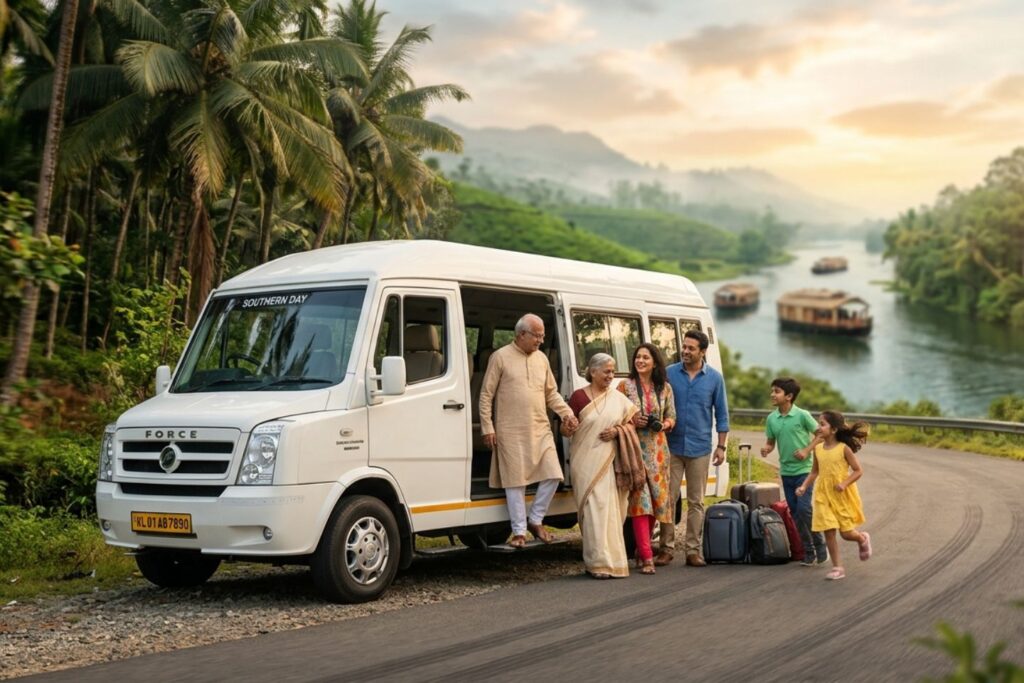 A happy family traveling in Kerala with Urbania Rentals.