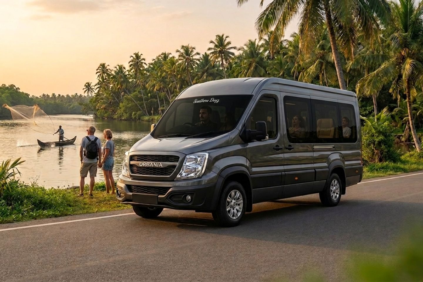 Most Premium Travel Vehicle, Urbania Rentals luxury van parked by Kerala riverside with tourists enjoying scenic backwater landscape and coconut trees during sunset