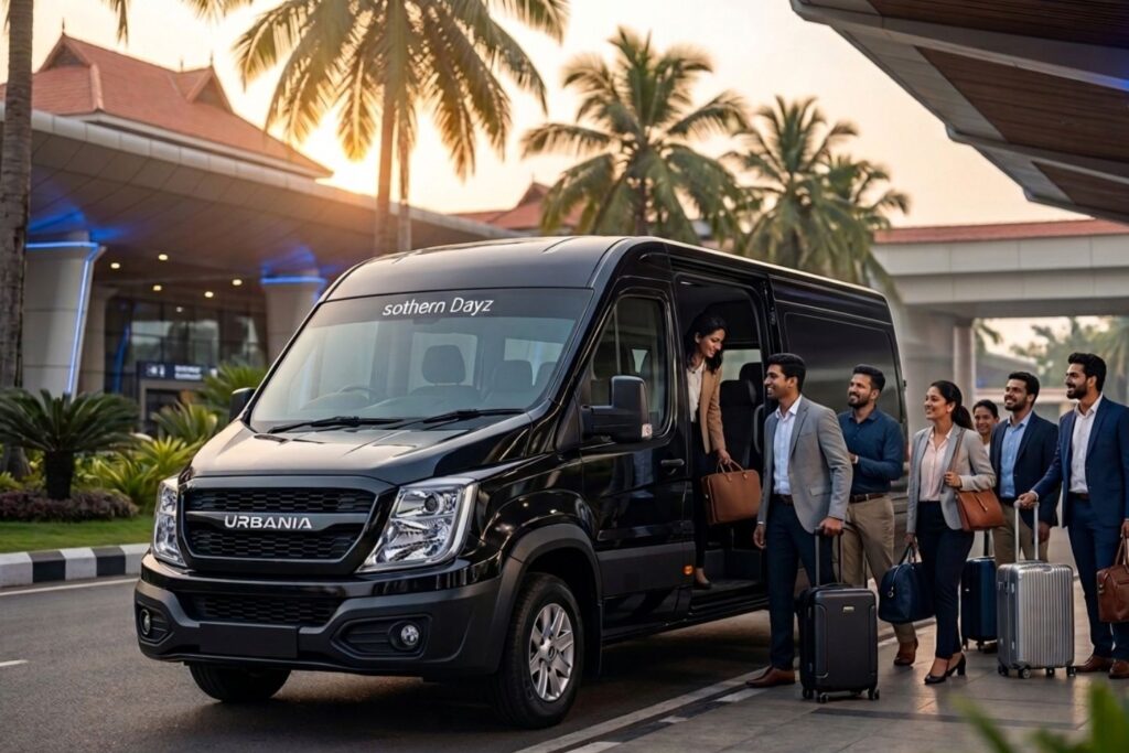 Luxury Urbania Rental van parked at Kochi airport with a group of business travelers boarding and handling luggage, representing premium airport transfers in a tropical Kerala setting with palm trees and modern terminal architecture.