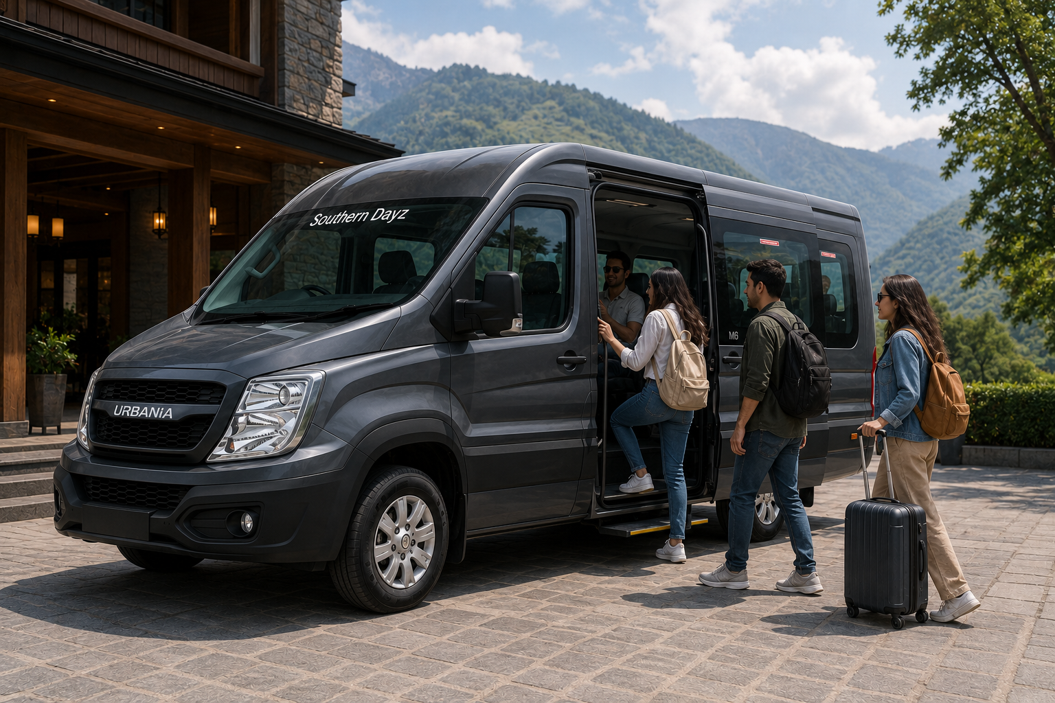 Urbania Rentals vehicle with passengers boarding for luxury group travel and airport transfer services in Kerala