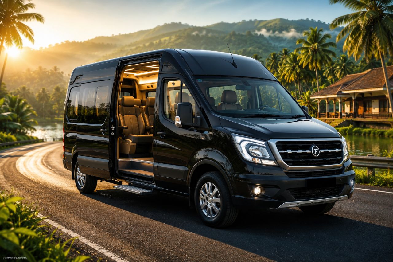 Premium Force Urbania rental in Kochi, Kerala parked on a scenic Kerala road with luxury interiors for comfortable group travel and tourism