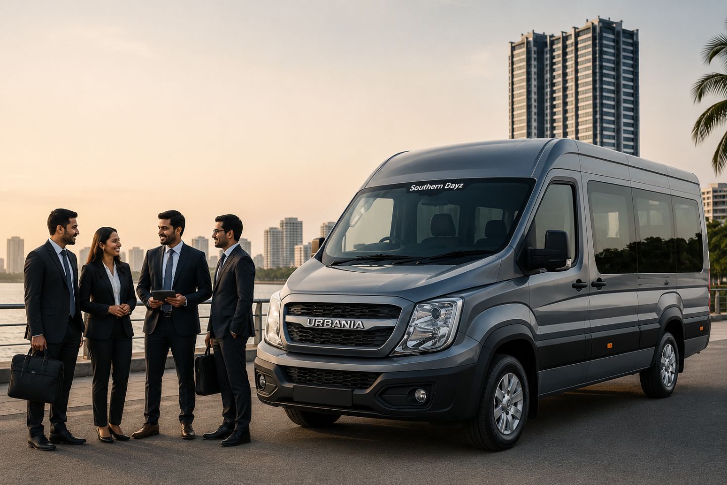 Luxury corporate group travel van with business professionals using Premium Urbania Rentals in Kochi for comfortable executive transportation services.