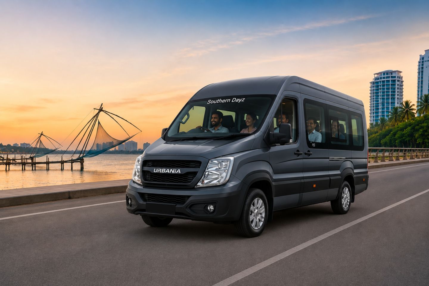 Luxury Urbania Rent Kochi premium van rental with passengers driving along Kochi Marine Drive near Chinese fishing nets during sunset