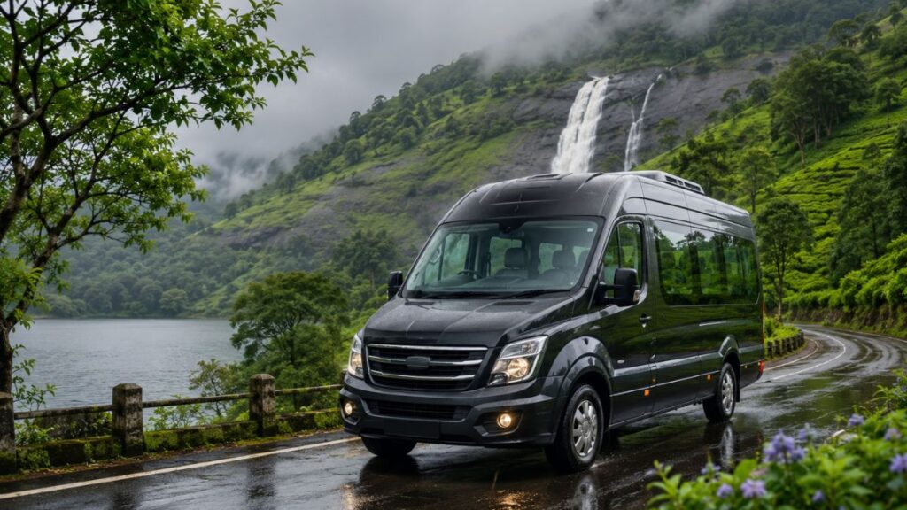 Force Urbania rental driving through Kerala's misty hills during the monsoon, offering safe and comfortable group travel from Kochi with SouthernDayz.