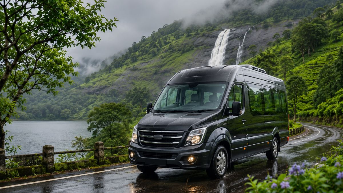 Force Urbania rental driving through Kerala's misty hills during the monsoon, offering safe and comfortable group travel from Kochi with SouthernDayz.
