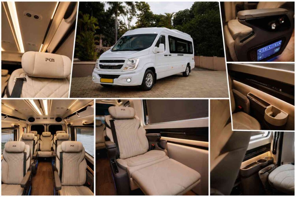 Premium Urbania luxury van parked beside a scenic Kerala lakeside, showcasing spacious interiors and premium amenities for comfortable group travel.