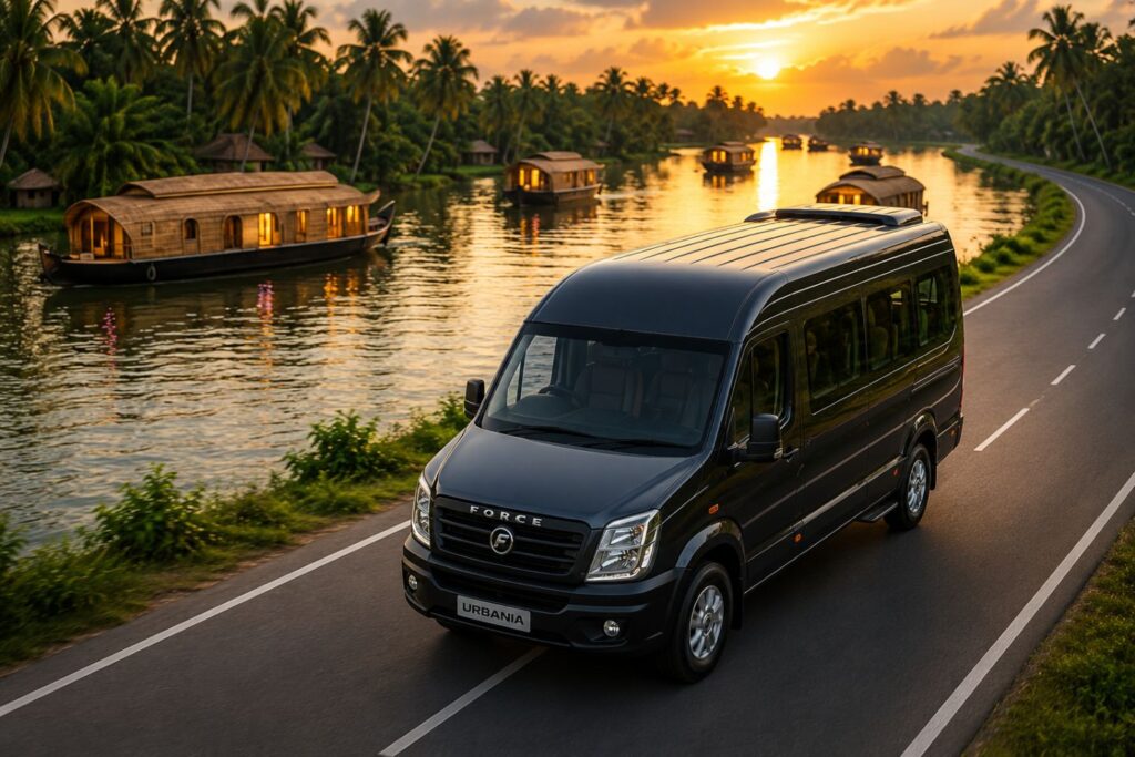 Force Urbania rental by SouthernDays travelling along Kerala backwaters during a weekend group trip from Kochi.