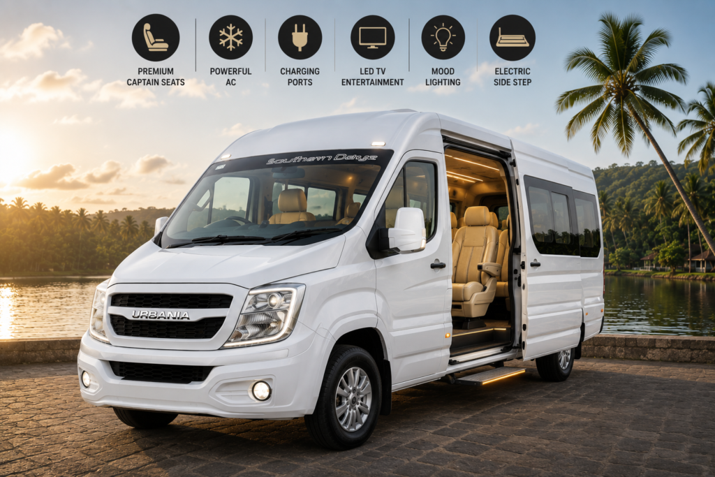 Southern Dayz Premium Urbania luxury van with executive seating, 4-zone AC, and JBL sound parked by Kerala backwaters houseboat