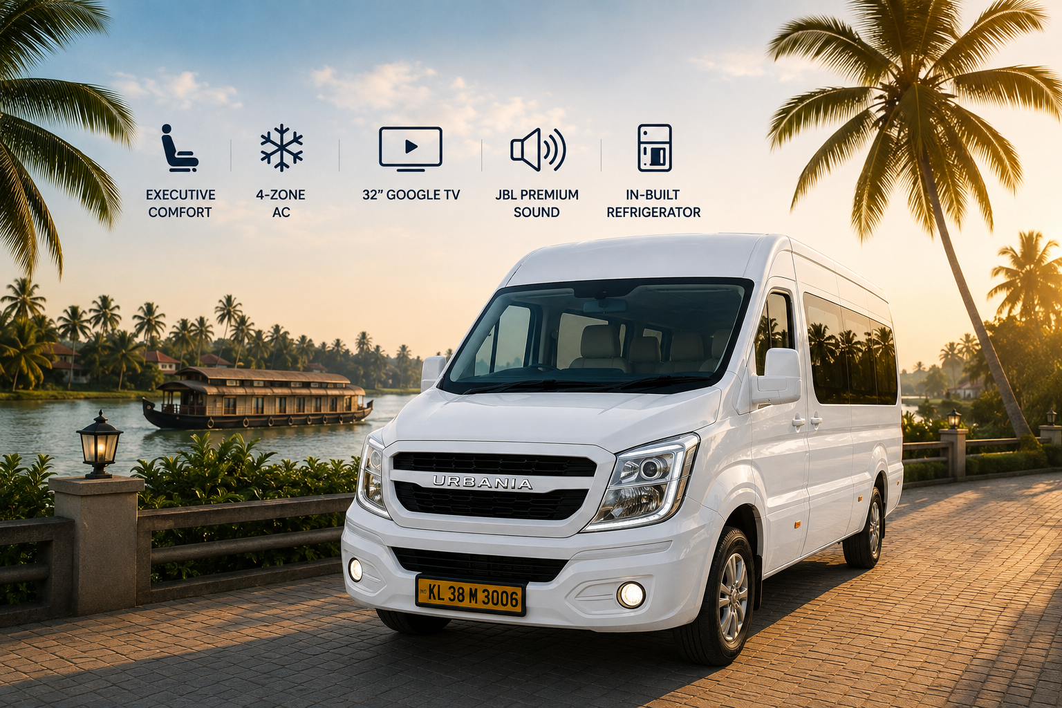 Southern Dayz Premium Urbania luxury van with executive seating, 4-zone AC, and JBL sound parked by Kerala backwaters houseboat
